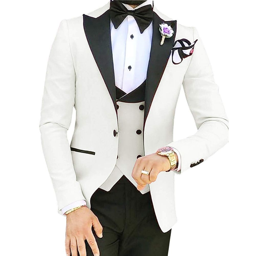 HARLEY SUITS Men's Fashion Formal 3 Piece Tuxedo (Jacket + Pants + Vest) Ivory White Suit Set for Weddings Proms Cocktails & Special Events