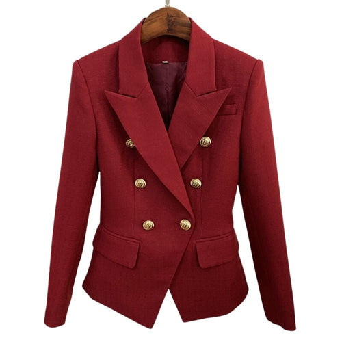 HIGHSTREET Women's Elegant Stylish Fashion Office Professional Woven Plaid Burgundy Red Blazer Jacket