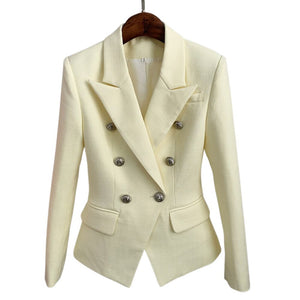 HIGHSTREET Women's Elegant Stylish Fashion Office Professional Woven Plaid Navy Blue Blazer Jacket - Divine Inspiration Styles