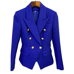 HIGHSTREET Women's Elegant Stylish Fashion Office Professional Woven Plaid Navy Blue Blazer Jacket