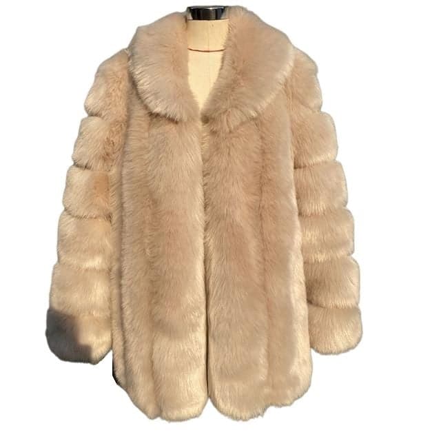 HQL Design Women's Fine Fashion Premium Quality Elegant Bright Khaki Brown Faux Fur Collar Coat Jacket - Divine Inspiration Styles