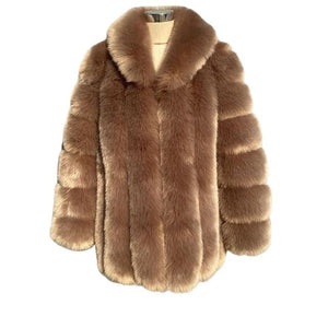 HQL Design Women's Fine Fashion Premium Quality Elegant Bright Khaki Brown Faux Fur Collar Coat Jacket - Divine Inspiration Styles