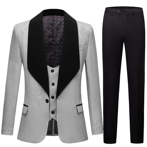 CGSUITS Men's Fashion Formal 3 Piece Silver Gray & Black Tuxedo (Jacket + Vest + Pants) Suit Set - Divine Inspiration Styles