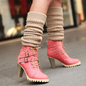 HARTFORD Design Women's Stylish Elegant Fashion Peach Pink Laced-Up Leather Boot Shoes - Divine Inspiration Styles