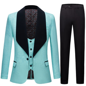 CGSUITS Men's Fashion Formal 3 Piece Royal Blue & Black Tuxedo (Jacket + Vest + Pants) Suit Set