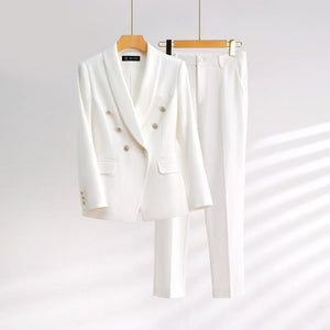 WELLINGTON SUITS Women's Elegant Stylish Office Fashion Ivory White Blazer Jacket & Pants Suit Set
