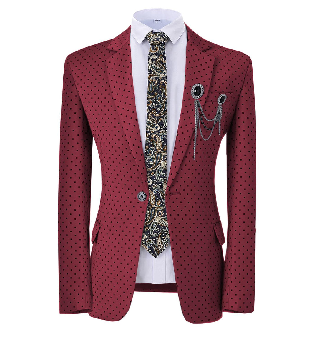 GMSUITS Men's Fashion Formal Luxury Style Burgundy Polka Dots Blazer Suit Jacket