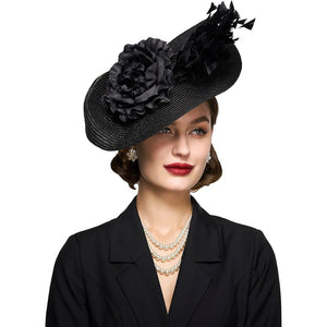 JQS Women's Fine Fashion Black Elegant Butterfly Flower Luxury Style Cocktail & Special Events Celebration Hat