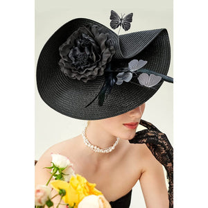 JQS Women's Fine Fashion Black & Gray Elegant Butterfly Flower Luxury Style Cocktail & Special Events Celebration Hat