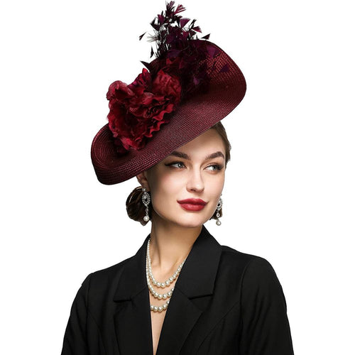 JQS Women's Fine Fashion Burgundy Red Elegant Butterfly Flower Luxury Style Cocktail & Special Events Celebration Hat - Divine Inspiration Styles