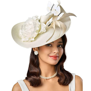 JQS Women's Fine Fashion Beige Ivory White Elegant Butterfly Flower Luxury Style Cocktail & Special Events Celebration Hat