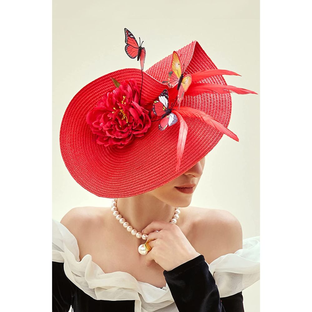 JQS Women's Fine Fashion Red Elegant Butterfly Flower Luxury Style Cocktail & Special Events Celebration Hat