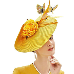 JQS Women's Fine Fashion Yellow Elegant Butterfly Flower Luxury Style Cocktail & Special Events Celebration Hat - Divine Inspiration Styles
