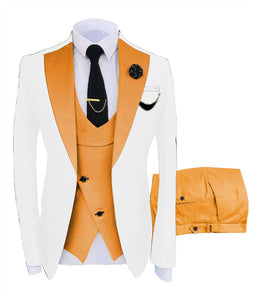 KENTON SUITS Men's Fashion Formal 3 Piece Tuxedo (Jacket + Pants + Vest) White & Brown Suit Set