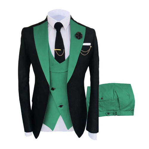 KENTON SUITS Men's Fashion Formal 3 Piece Tuxedo (Jacket + Vest + Pants) Black & Tropical Green Suit Set