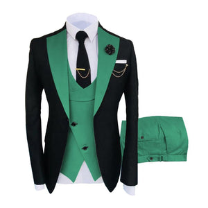 KENTON SUITS Men's Fashion Formal 3 Piece Tuxedo (Jacket + Vest + Pants) Black & Tropical Green Suit Set