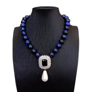 KEYGEMS Women's Elegant Fashion Stylish Genuine Blue Tiger Eye & Pearl Necklace Jewelry