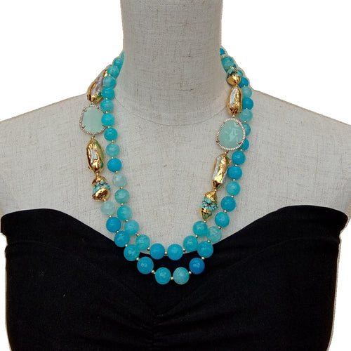 KEYGEMS Women's Elegant Fashion Stylish Genuine Blue Turquoise Agate Gem & Natural Freshwater Pearl Necklace Jewelry