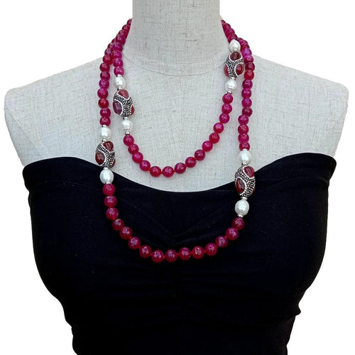 KEYGEMS Women's Elegant Fashion Stylish Genuine Fuchsia Agate Gem & Natural Freshwater Pearl Necklace Jewelry