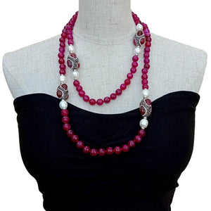 KEYGEMS Women's Elegant Fashion Stylish Genuine Fuchsia Agate Gem & Natural Freshwater Pearl Necklace Jewelry - Divine Inspiration Styles