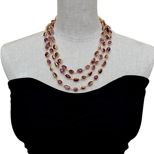 KEYGEMS Women's Elegant Fashion Stylish Genuine Purple Amethyst & Gold Plated Necklace Jewelry
