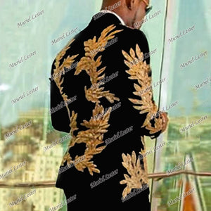 KINGSTON SUITS Men's Fashion Formal 2-Piece Tuxedo (Jacket + Pants) Black Shawl Lapel Black & Gold Suit Set