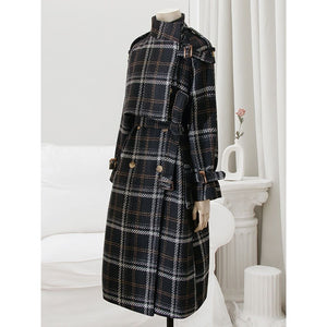LAUTARO Women's Fine Fashion Elegant Luxury Black Plaid Style Long Wool Coat Jacket - Divine Inspiration Styles