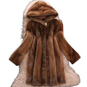 LAUTARO Women's Fine Fashion Luxury Style Long Hooded Faux Fur Brown Coat Jacket
