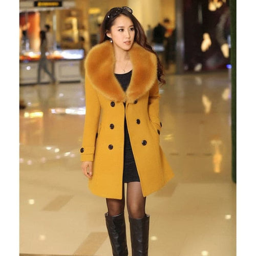 MDG Women's Fine Fashion Golden Yellow Coat Jacket Premium Quality Fur Collar Designer Wool Coat Jacket - Divine Inspiration Styles