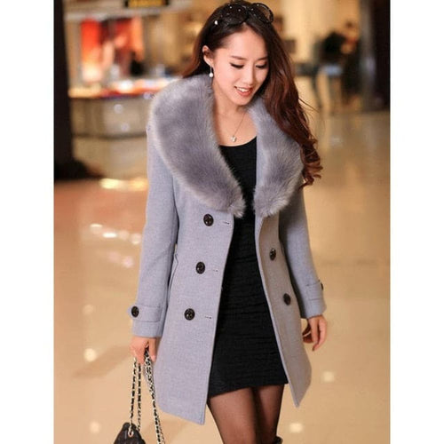 MDG Women's Fine Fashion Gray Coat Jacket Premium Quality Fur Collar Designer Wool Coat Jacket
