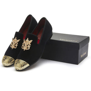 MEIJIANA Men's Genuine Velvet Leather Black Loafers Shoes With Medallion & Sporks Designer Shoes