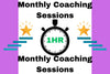 Promotional graphic for monthly coaching sessions with a timer icon and stars on a purple background.