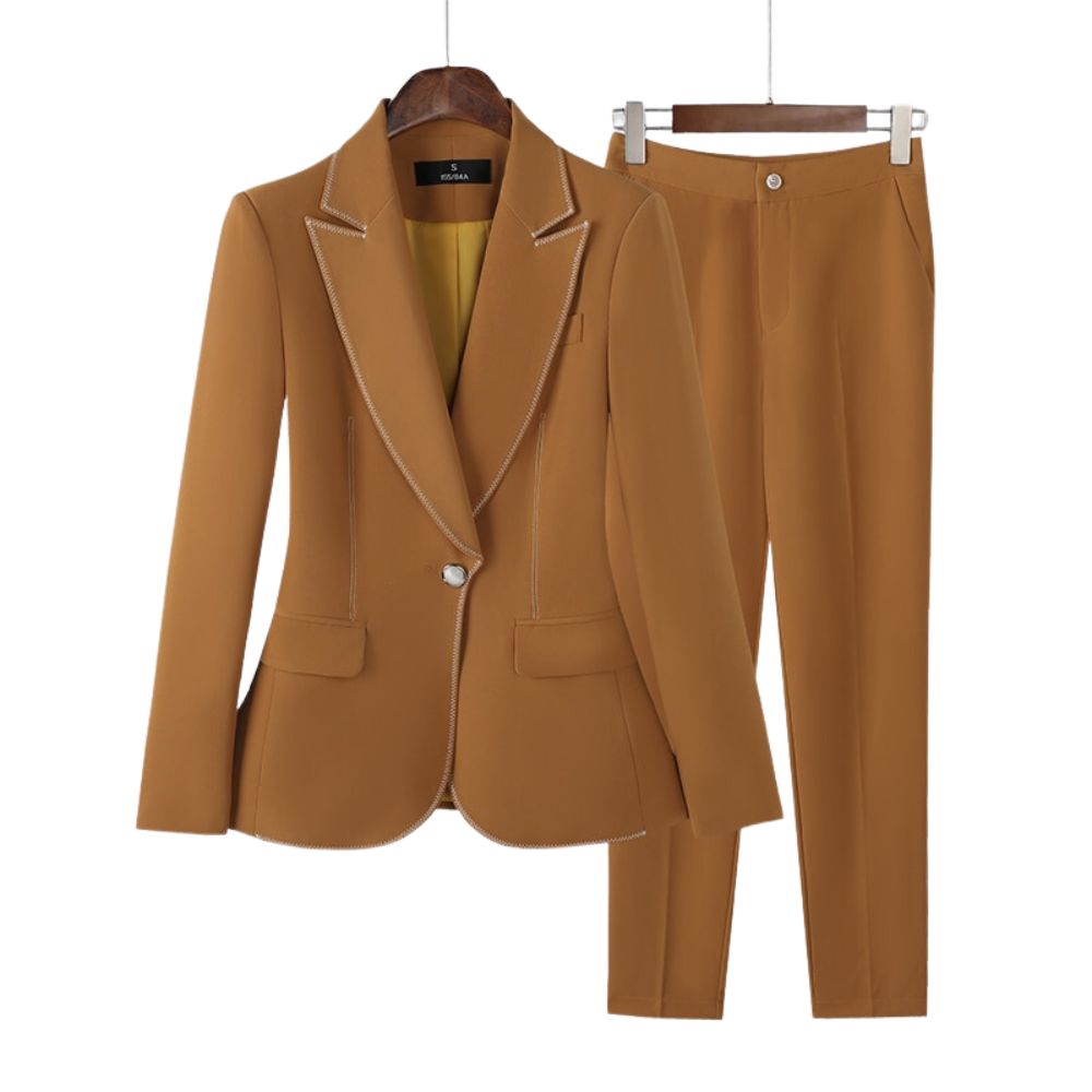 brown dress jacket ladies NAVIA SUITS Women's Elegant Stylish Fashion Office Blazer Jacket & Pants Brown Suit Set Brown Blazer & Pants / 4XL