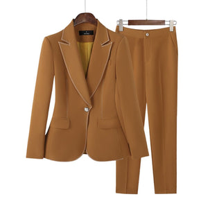 NAVIA SUITS Women's Elegant Stylish Fashion Office Blazer Jacket & Pants Brown Suit Set