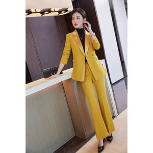 NAVIA SUITS Women's Elegant Stylish Fashion Office Blazer Jacket & Pants Yellow Suit Set