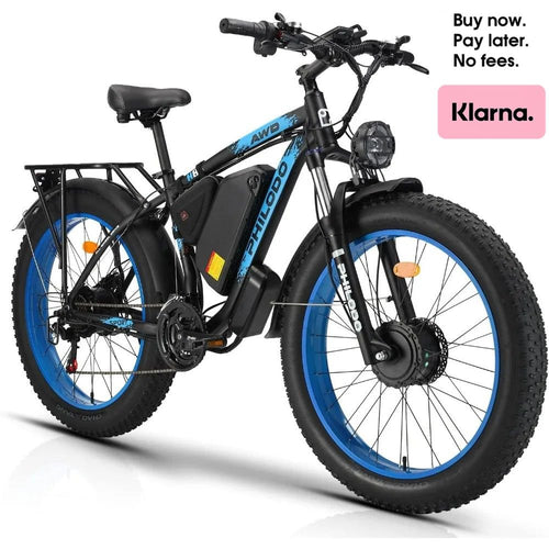 PHILODO Blue Electric Bike 48V 23AH Fat Tire Ebike Dual Motor AWD 2000W 35MPH Electric Bicycles 21-Speed with Ignition Lock Included