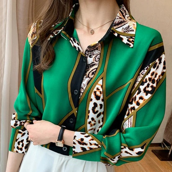 QIQI Women's Elegant Fashion Geometric Contrast Print Lapel Collar Dress Shirt