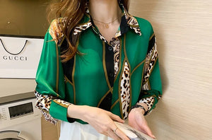 QIQI Women's Elegant Fashion Geometric Contrast Print Lapel Collar Dress Shirt