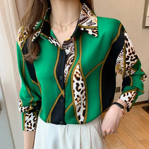QIQI Women's Elegant Fashion Geometric Contrast Print Lapel Collar Dress Shirt