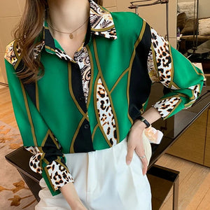 QIQI Women's Elegant Fashion Geometric Contrast Print Lapel Collar Dress Shirt