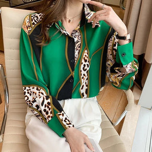 QIQI Women's Elegant Fashion Geometric Contrast Print Lapel Collar Dress Shirt