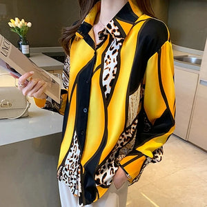QIQI Women's Elegant Fashion Geometric Contrast Print Lapel Collar Dress Shirt