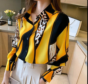 QIQI Women's Elegant Fashion Geometric Contrast Print Lapel Collar Dress Shirt