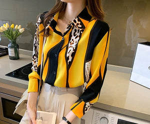 QIQI Women's Elegant Fashion Geometric Contrast Print Lapel Collar Dress Shirt