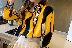QIQI Women's Elegant Fashion Geometric Contrast Print Lapel Collar Dress Shirt