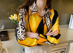 QIQI Women's Elegant Fashion Geometric Contrast Print Lapel Collar Dress Shirt