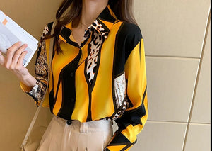 QIQI Women's Elegant Fashion Geometric Contrast Print Lapel Collar Dress Shirt