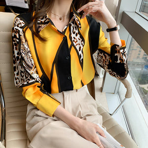 QIQI Women's Elegant Fashion Geometric Contrast Print Lapel Collar Dress Shirt