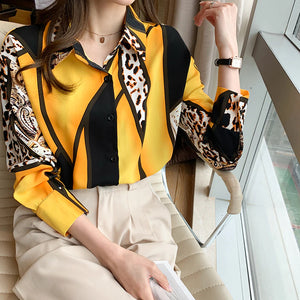 QIQI Women's Elegant Fashion Geometric Contrast Print Lapel Collar Dress Shirt