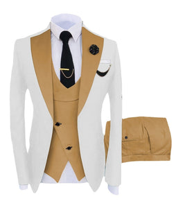 KENTON SUITS Men's Fashion Formal 3 Piece Tuxedo (Jacket + Pants + Vest) White & Black Suit Set